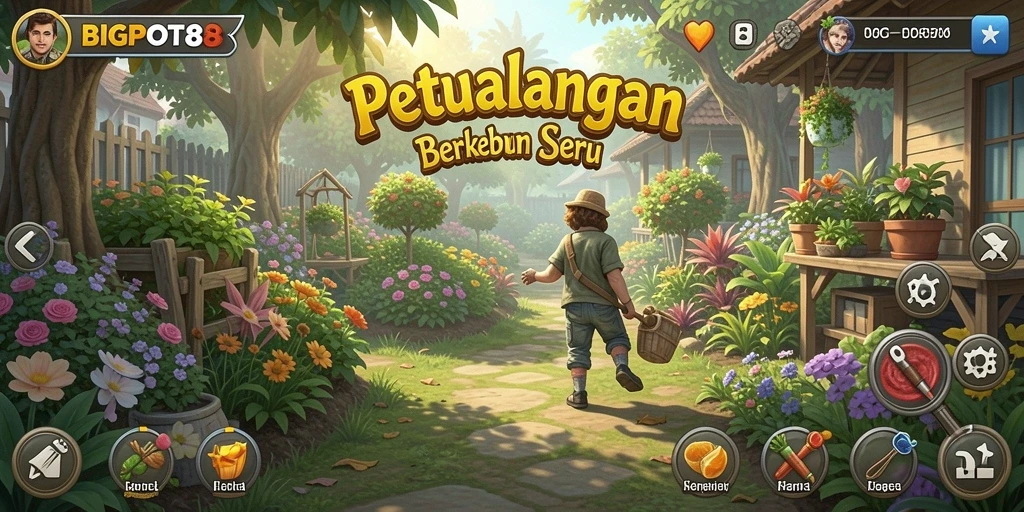 Screenshot gameplay BIGPOT88 menampilkan kebun yang cerah dan penuh warna.