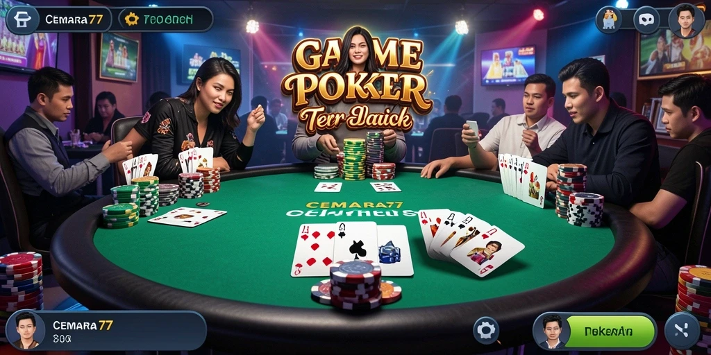 Screenshot gameplay CEMARA77 yang sedang berlangsung dengan suasana poker yang mendebarkan.