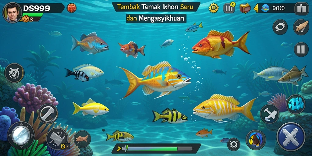 Screenshot utama DS99 menampilkan aksi menembak ikan yang seru.