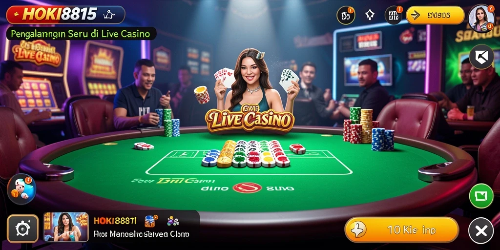 Screenshot HOKI8815 menunjukkan dealer langsung dan permainan kasino yang menarik.