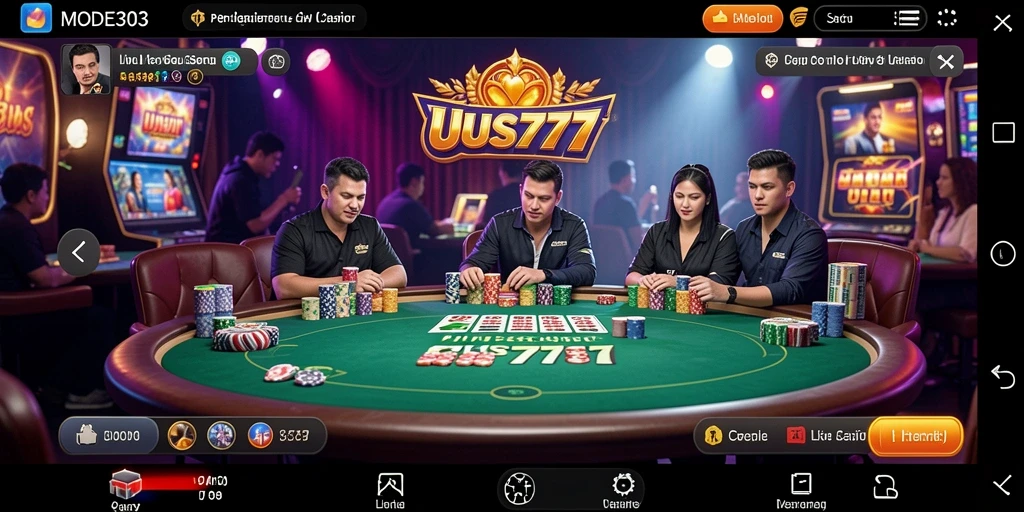 Screenshot gameplay MODE303 menunjukkan dealer langsung yang ramah dan permainan yang mendebarkan.