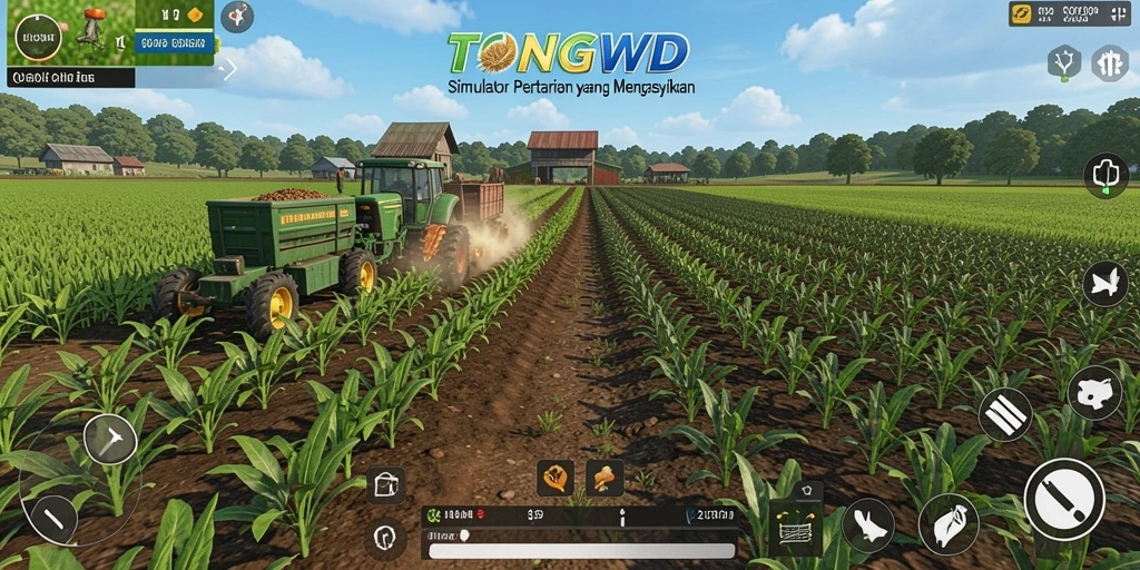 Tampilan gameplay TONGWD dengan berbagai tanaman dan hewan ternak.