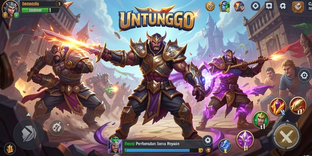 Tangkapan layar utama UNTUNGGO menampilkan aksi pertempuran Battle Royale yang intens.