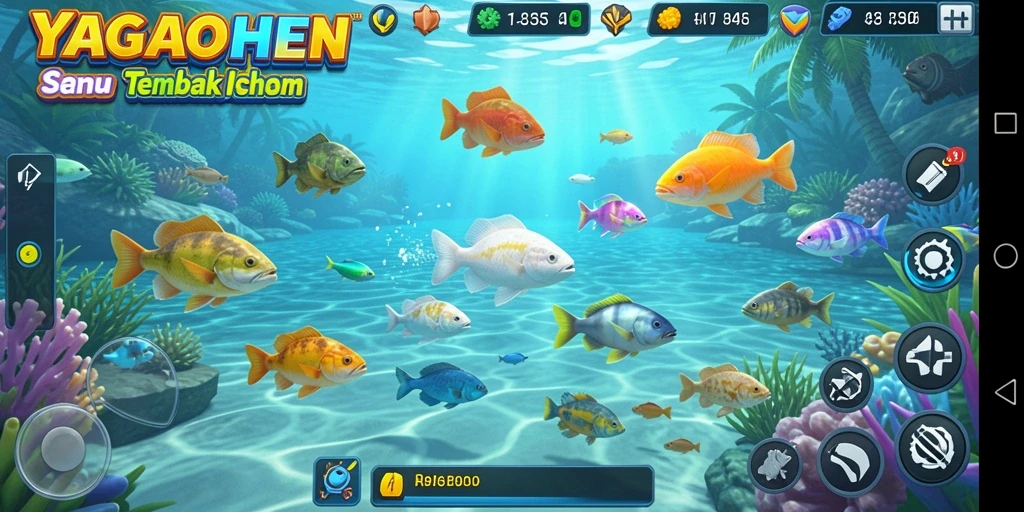 Screenshot utama YAGAOHEN menampilkan aksi menembak ikan yang seru.